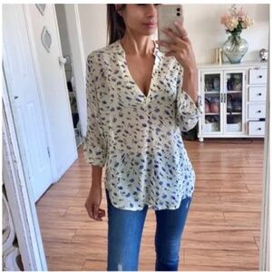 🪞 NEW zara tulip flower printed long sleeve tunic blouse in blue multi